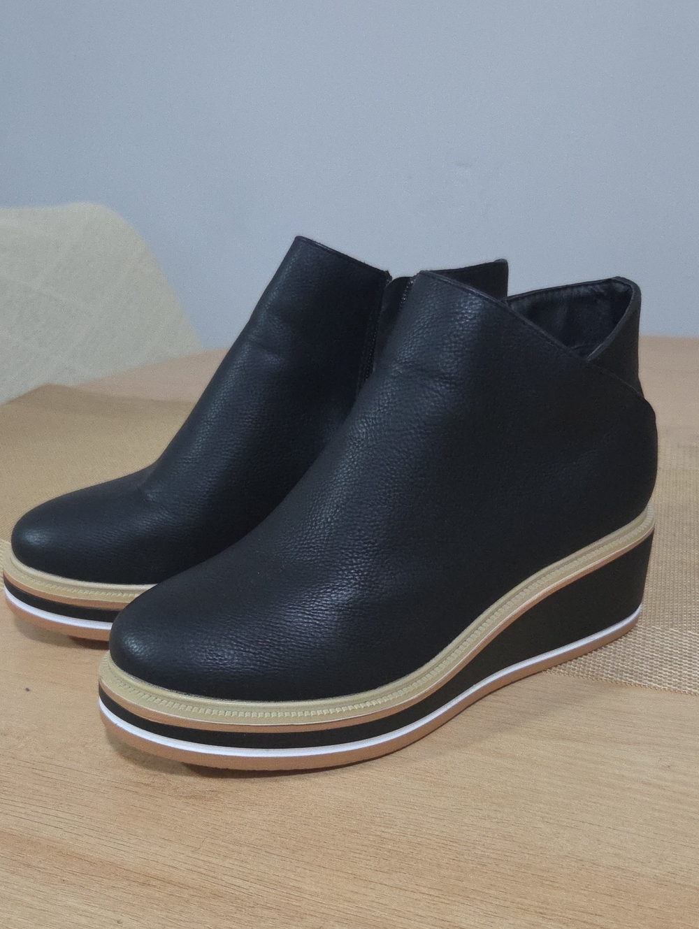 Black Wedge Ankle Bootie with Contrast Trim